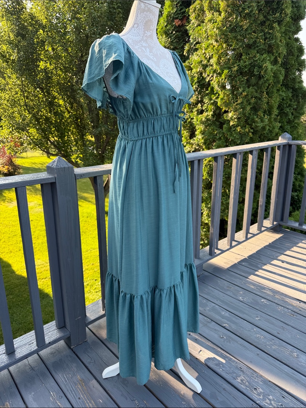 Blu Pepper Teal Ruffled Maxi Dress with Smocked Waist sz M